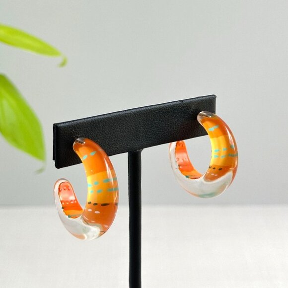 Mod Lucite Hoop Earrings Orange & Blue 1.25" Retro Minimalist Style - Picture 2 of 6